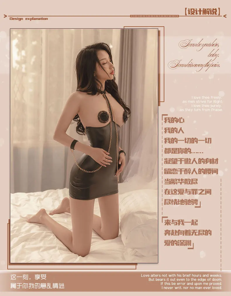 Woman Sexy Leather Underwear Open Hole Dress Set Latex PU Babydolls Ch