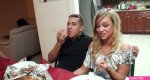 Spoiled student chics give handjob to aroused dudes under table during dinner
