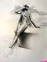 nude female figure standing against stone clouds Drawing by Christopher LoPresti