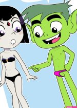 explicit artist:incognitymous raven dc cartoon network dc dc comics teen titans 1boy 1girl beast boy cartoon childhood ruined dcau drooling erection erection under clothes fang highres loli pale skin pointing shota swim