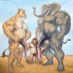 Lion between muscular giraffe and elephant purrcules