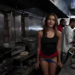 Two horny cooks fucking a slutty girl in the kitchen
