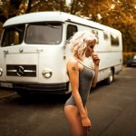 Wallpaper : women outdoors blonde side view short hair leotard tanned big boobs smoky eyes buses fake breasts tattoo Miro Hofmann 2048x1367