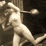 Female Nude Exercising with a Globe Barbell by Unknown