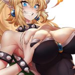Bowsette blonde blue eyes monster girl huge breasts Kengzeta Princess Peach boobs big boobs painted nails smiling video game girls video game characters anime girls anime Super Mario series horns Pixiv black