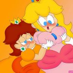 Daisy squeezing Peachs big boobs.