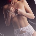 Sexy beautiful redhead woman in white lingerie topless covering boobs with hands Stock Photo fenixlive 157775108