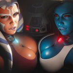 women Chiss Ahsoka Tano boobs licking lips biting lips R2-D2 boobs on boobs teasing red eyes blue skin looking at viewer cleavage tongue out sensual gaze Pyro artist Star Wars dark background