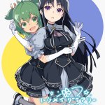 shirai yuyu yoshimura thi mai assault lily black footwear multicolored background absurdres commentary request highres official art translation request 2girls :d :o antenna hair black dress black hair black ribbon blue background